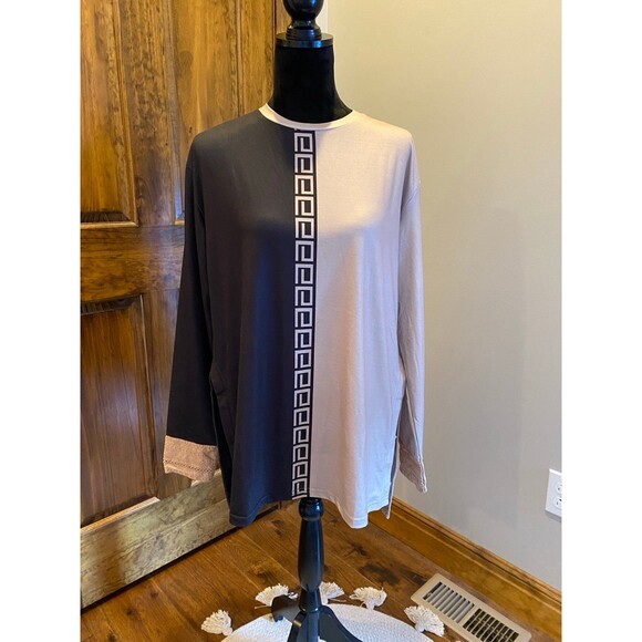 Exclusive Geo Trim Color block Womens Size Large Black Tan Hi Low Pullover Top - Picture 1 of 10